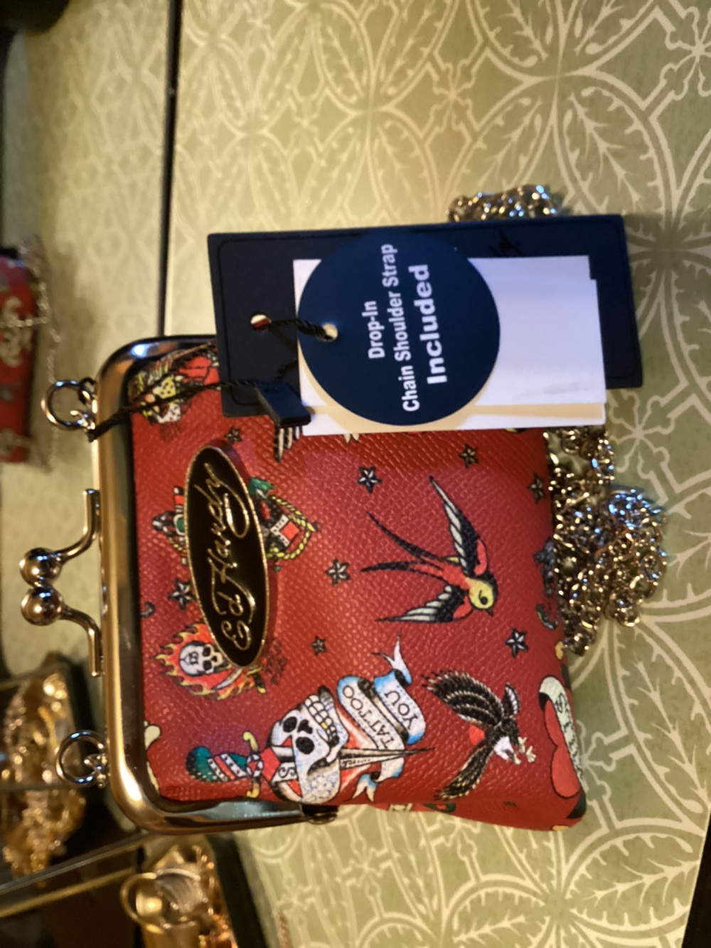 Ed Hardy Red Tattoo Print Kiss-Lock Crossbody Bag with Chain Strap